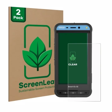 Face avant d’un emballage produit avec le logo de la marque ScreenLeaf. À côté, l’appareil Ecom Smart-Ex 02 DZ1 est représenté