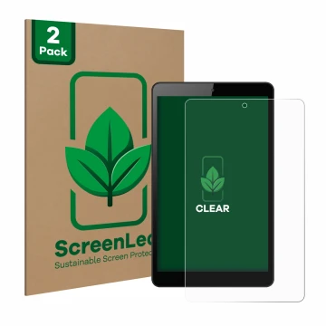 Face avant d’un emballage produit avec le logo de la marque ScreenLeaf. À côté, l’appareil Huawei MediaPad M5 Lite 8