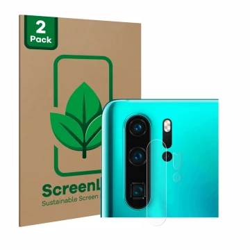 Face avant d’un emballage produit avec le logo de la marque ScreenLeaf. À côté, l’appareil Huawei P30 Pro New Edition (Caméra 