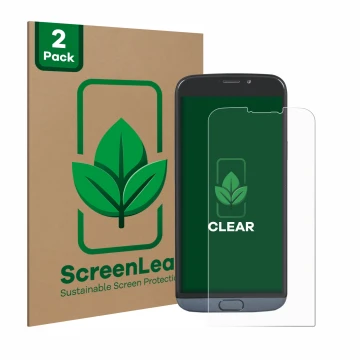 Face avant d’un emballage produit avec le logo de la marque ScreenLeaf. À côté, l’appareil Doro 8050 est représenté avec la pr