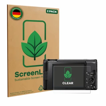 Face avant d’un emballage produit avec le logo de la marque ScreenLeaf. À côté, l’appareil Sony ZV-1 est représenté avec la pr