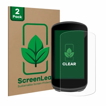 Face avant d’un emballage produit avec le logo de la marque ScreenLeaf. À côté, l’appareil Garmin Edge 1030 Plus est représent