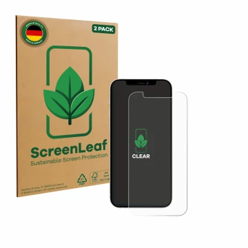 Face avant d’un emballage produit avec le logo de la marque ScreenLeaf. À côté, l’appareil Apple iPhone 12 Pro est représenté 
