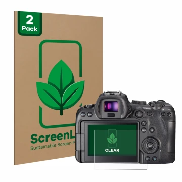Face avant d’un emballage produit avec le logo de la marque ScreenLeaf. À côté, l’appareil Canon EOS R6 est représenté avec la