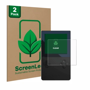 Face avant d’un emballage produit avec le logo de la marque ScreenLeaf. À côté, l’appareil Analogue Pocket est représenté avec