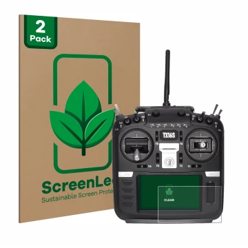 Face avant d’un emballage produit avec le logo de la marque ScreenLeaf. À côté, l’appareil Radiomaster TX16S est représenté av