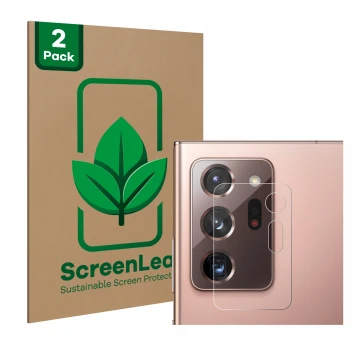Face avant d’un emballage produit avec le logo de la marque ScreenLeaf. À côté, l’appareil Samsung Galaxy Note 20 Ultra 5G (Ca