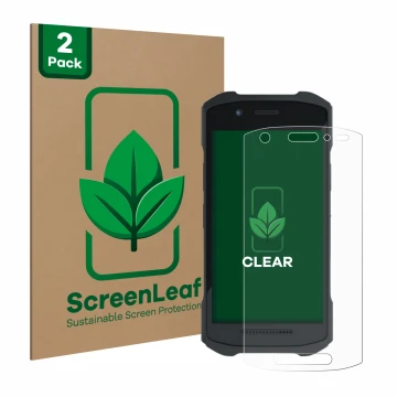 Face avant d’un emballage produit avec le logo de la marque ScreenLeaf. À côté, l’appareil Zebra TC21 est représenté avec la p