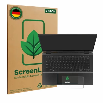 Face avant d’un emballage produit avec le logo de la marque ScreenLeaf. À côté, l’appareil ASUS ZenBook Flip 14 UX463FA (Touch