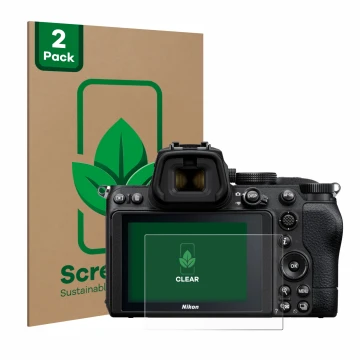 Face avant d’un emballage produit avec le logo de la marque ScreenLeaf. À côté, l’appareil Nikon Z 5 est représenté avec la pr