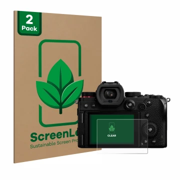 Face avant d’un emballage produit avec le logo de la marque ScreenLeaf. À côté, l’appareil Panasonic Lumix DC-S5 est représent