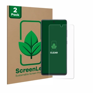 Face avant d’un emballage produit avec le logo de la marque ScreenLeaf. À côté, l’appareil Samsung Galaxy S20 FE est représent