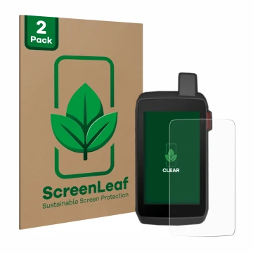 Face avant d’un emballage produit avec le logo de la marque ScreenLeaf. À côté, l’appareil Garmin Montana 700 est représenté a