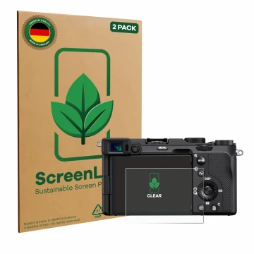 Face avant d’un emballage produit avec le logo de la marque ScreenLeaf. À côté, l’appareil Sony A7C est représenté avec la pro