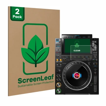 Face avant d’un emballage produit avec le logo de la marque ScreenLeaf. À côté, l’appareil Pioneer CDJ 3000 est représenté ave