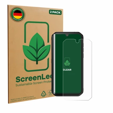 Face avant d’un emballage produit avec le logo de la marque ScreenLeaf. À côté, l’appareil Blackview BV9900E est représenté av