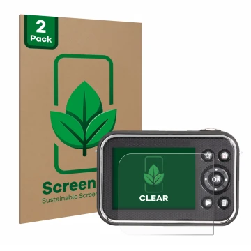 Face avant d’un emballage produit avec le logo de la marque ScreenLeaf. À côté, l’appareil Vtech Kidizoom Video Studio HD est 