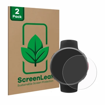 Face avant d’un emballage produit avec le logo de la marque ScreenLeaf. À côté, l’appareil Polar Vantage V2 est représenté ave