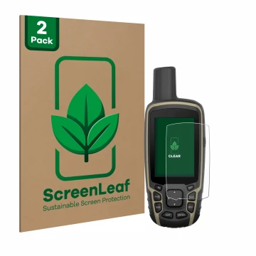 Face avant d’un emballage produit avec le logo de la marque ScreenLeaf. À côté, l’appareil Garmin GPSMAP 65s est représenté av