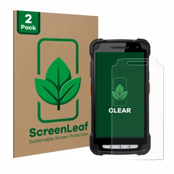 Face avant d’un emballage produit avec le logo de la marque ScreenLeaf. À côté, l’appareil Point Mobile PM90 est représenté av