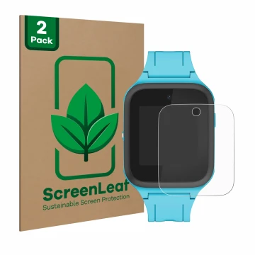 Face avant d’un emballage produit avec le logo de la marque ScreenLeaf. À côté, l’appareil TCL Movetime FamilyWatch Kids MT40X