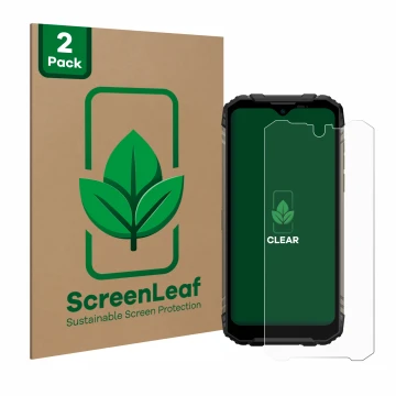 Face avant d’un emballage produit avec le logo de la marque ScreenLeaf. À côté, l’appareil Doogee S96 Pro est représenté avec 
