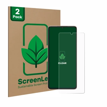 Face avant d’un emballage produit avec le logo de la marque ScreenLeaf. À côté, l’appareil Samsung Galaxy S21 Ultra 5G est rep