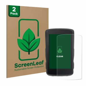 Face avant d’un emballage produit avec le logo de la marque ScreenLeaf. À côté, l’appareil Hammerhead Karoo 2 est représenté a