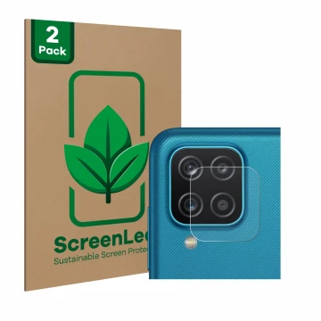 Face avant d’un emballage produit avec le logo de la marque ScreenLeaf. À côté, l’appareil Samsung Galaxy A12 (Caméra UNIQUEME