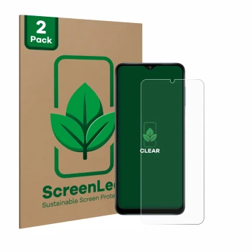 Face avant d’un emballage produit avec le logo de la marque ScreenLeaf. À côté, l’appareil Samsung Galaxy A12 est représenté a