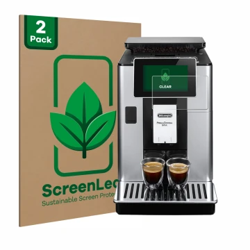 Face avant d’un emballage produit avec le logo de la marque ScreenLeaf. À côté, l’appareil DeLonghi PrimaDonna Soul ECAM610.74