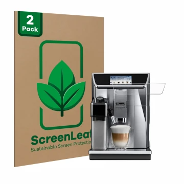 Face avant d’un emballage produit avec le logo de la marque ScreenLeaf. À côté, l’appareil DeLonghi PrimaDonna Elite Experienc