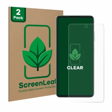 Face avant d’un emballage produit avec le logo de la marque ScreenLeaf. À côté, l’appareil Samsung Galaxy A52 est représenté a