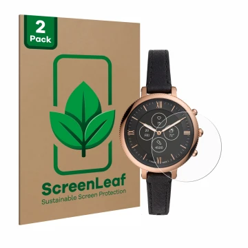Face avant d’un emballage produit avec le logo de la marque ScreenLeaf. À côté, l’appareil Fossil Monroe Hybrid HR est représe