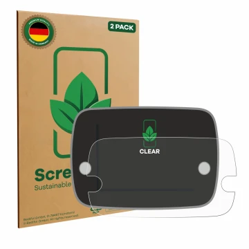 Face avant d’un emballage produit avec le logo de la marque ScreenLeaf. À côté, l’appareil Fiat 500 Series 8 2020 Uconnect 7