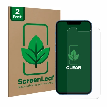 Face avant d’un emballage produit avec le logo de la marque ScreenLeaf. À côté, l’appareil Apple iPhone 13 mini est représenté
