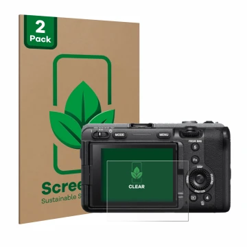Face avant d’un emballage produit avec le logo de la marque ScreenLeaf. À côté, l’appareil Sony FX3 est représenté avec la pro