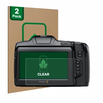Face avant d’un emballage produit avec le logo de la marque ScreenLeaf. À côté, l’appareil Blackmagic Pocket Cinema Camera 6K 