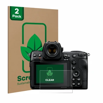 Face avant d’un emballage produit avec le logo de la marque ScreenLeaf. À côté, l’appareil Nikon Z 8 est représenté avec la pr