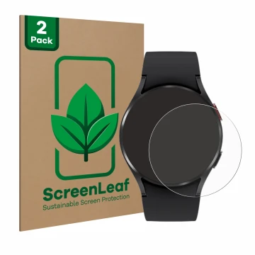 Face avant d’un emballage produit avec le logo de la marque ScreenLeaf. À côté, l’appareil Samsung Galaxy Watch 4 (40mm) est r