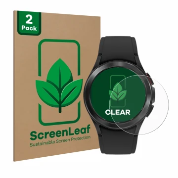 Face avant d’un emballage produit avec le logo de la marque ScreenLeaf. À côté, l’appareil Samsung Galaxy Watch 4 Classic (42m