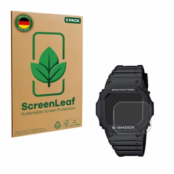 Face avant d’un emballage produit avec le logo de la marque ScreenLeaf. À côté, l’appareil Casio G-Shock GW-M5610-1ER est repr