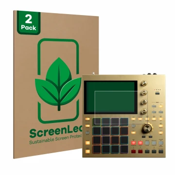 Face avant d’un emballage produit avec le logo de la marque ScreenLeaf. À côté, l’appareil Akai MPC One est représenté avec la