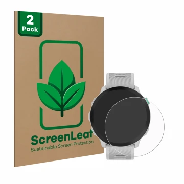 Face avant d’un emballage produit avec le logo de la marque ScreenLeaf. À côté, l’appareil Garmin Forerunner 55 est représenté