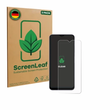 Face avant d’un emballage produit avec le logo de la marque ScreenLeaf. À côté, l’appareil Samsung Galaxy A22 5G est représent