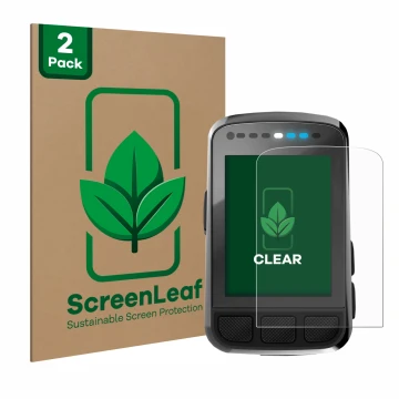 Face avant d’un emballage produit avec le logo de la marque ScreenLeaf. À côté, l’appareil Wahoo Elemnt Bolt V2 GPS est représ