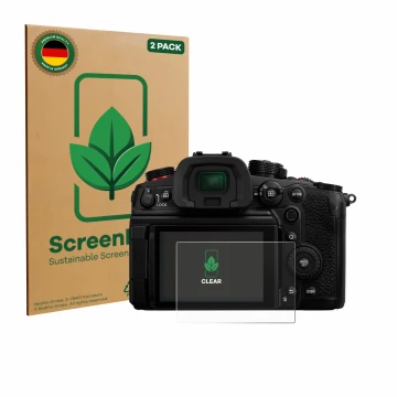 Face avant d’un emballage produit avec le logo de la marque ScreenLeaf. À côté, l’appareil Panasonic Lumix DC-GH6 est représen