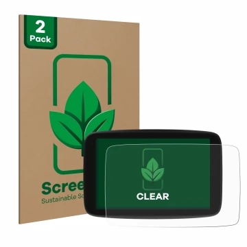 Face avant d’un emballage produit avec le logo de la marque ScreenLeaf. À côté, l’appareil TomTom Go Expert 7