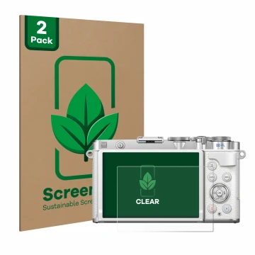 Face avant d’un emballage produit avec le logo de la marque ScreenLeaf. À côté, l’appareil Olympus PEN E-P7 est représenté ave