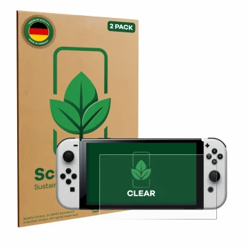 Face avant d’un emballage produit avec le logo de la marque ScreenLeaf. À côté, l’appareil Nintendo Switch OLED-Modell est rep